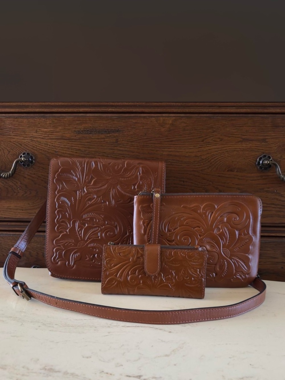 Patricia Nash Cognac Tooled Leather Crossbody Trio